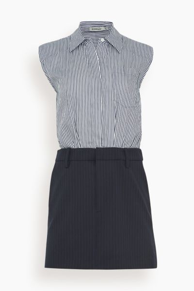 Graham Sleeveless Shirting Combo Mini Dress in Midnight Pinstripe Multi