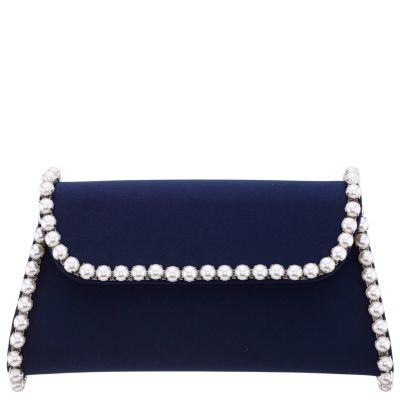 Trysta-navy Pearl Trim Trapezoid Flap Bag