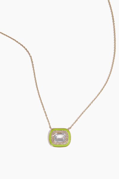 White Topaz Diamond Halo Neon Yellow Enamel Pendant Necklace in 14k Yellow Gold