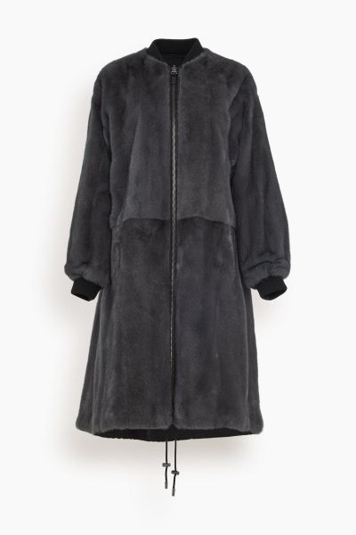 Reversible Technical Coat with Mink Trim in Noir/Basalte