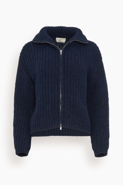 Chunky Heritage Wool Zip Cardigan in Dark Navy