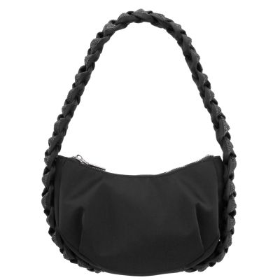 Starry-black Braided Crystal Detail Hobo Bag