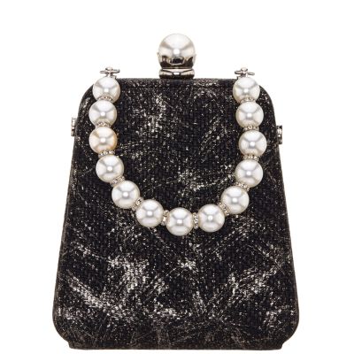 Karlotta-black Pearl Handle Embossed Woven Metallic Box Bag