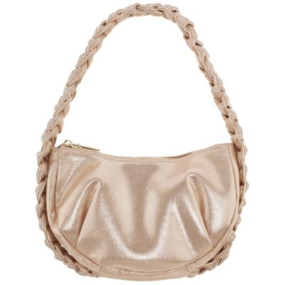 Starry-taupe Braided Crystal Detail Hobo Bag