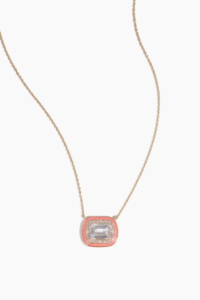 White Topaz Diamond Halo Pink Enamel Necklace in 14k Yellow Gold