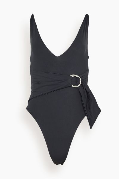 Niya Deep V Tie Waist One Piece Swimsuit in Black