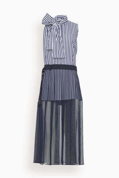 Cotton Poplin Dress in Navy Stripe x Navy