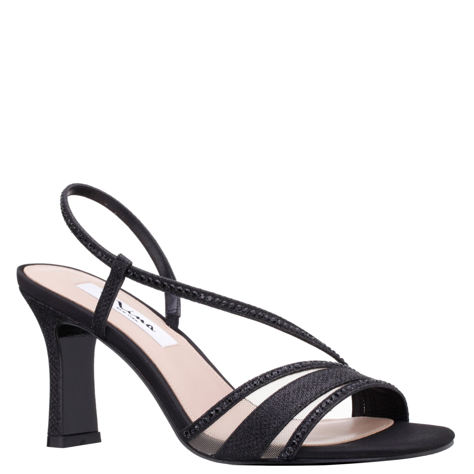 Nina Shoes Abbi Black Textured Metallic & Crystal Slingback Mid-Heel Sandal