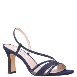 Nina Shoes Abbi Navy Textured Metallic & Crystal Slingback Mid-Heel Sandal
