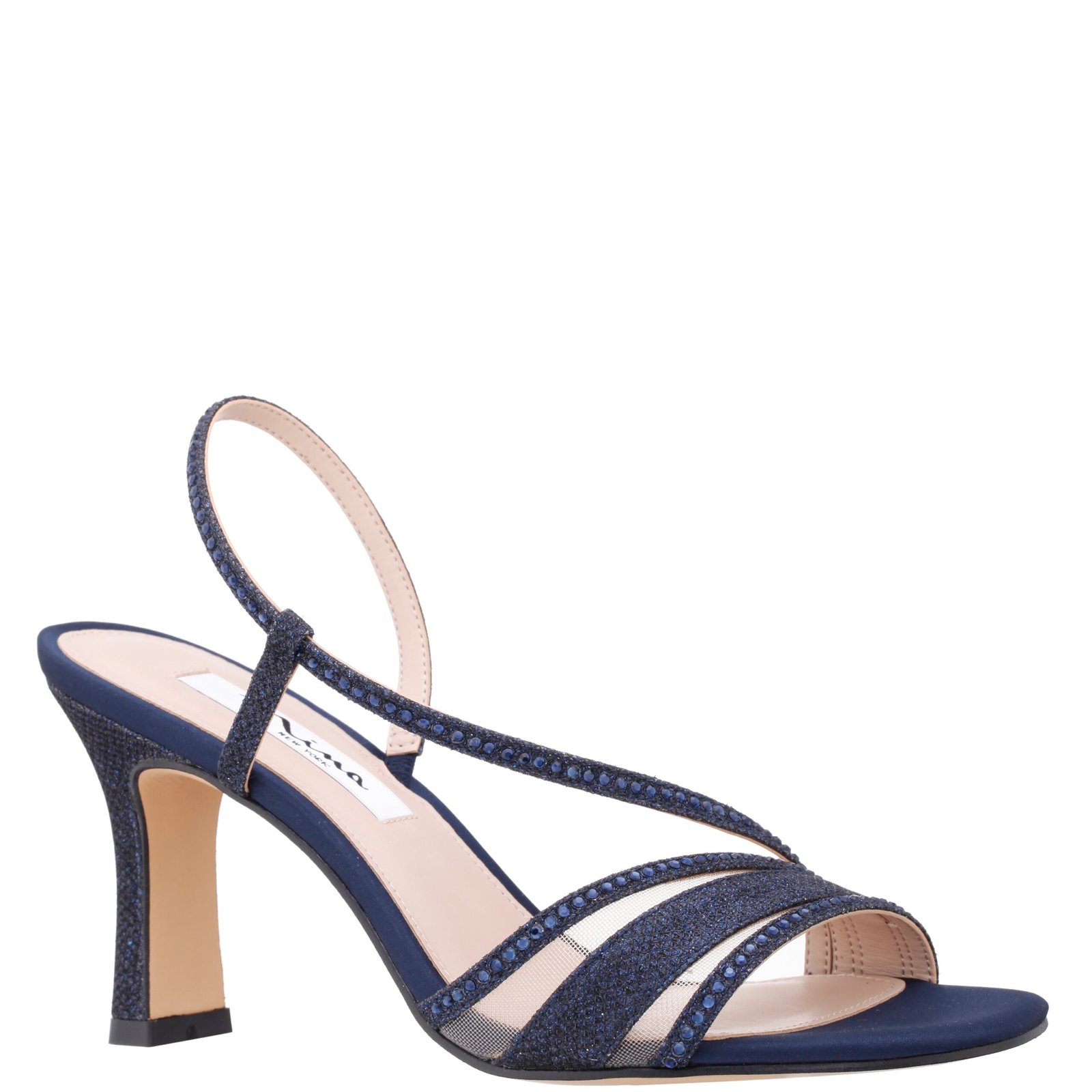 Nina Shoes Abbi Navy Textured Metallic & Crystal Slingback Mid-Heel Sandal