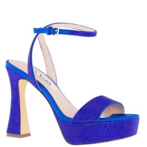 Nina Shoes Angella Electric Blue Satin Crystal Block-Heel Platform Stiletto Sandal