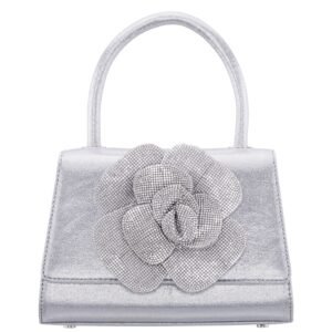 Nina Shoes Aubrey True Silver Reflective Suedette/Glass Crystal Handle Satchel