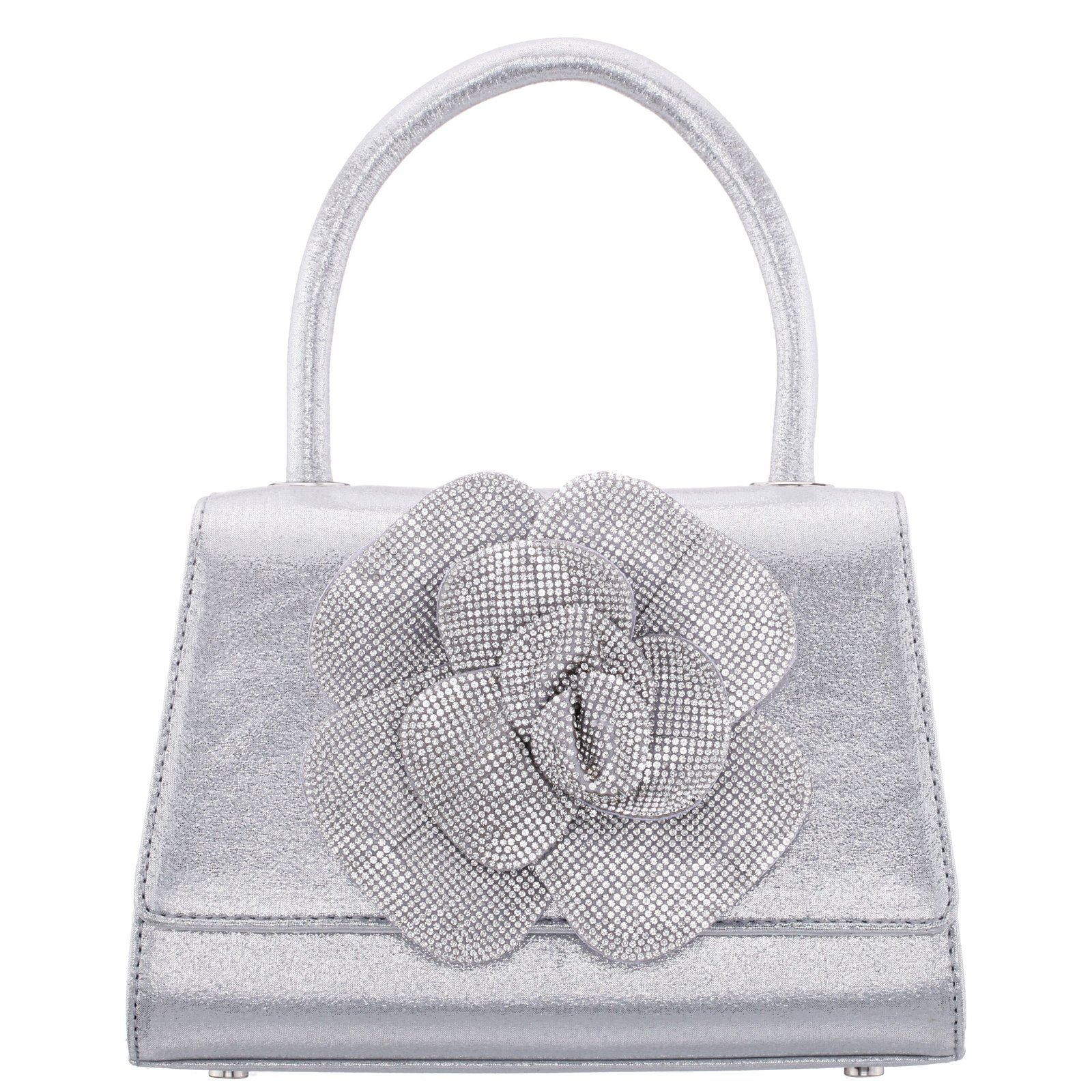 Nina Shoes Aubrey True Silver Reflective Suedette/Glass Crystal Handle Satchel