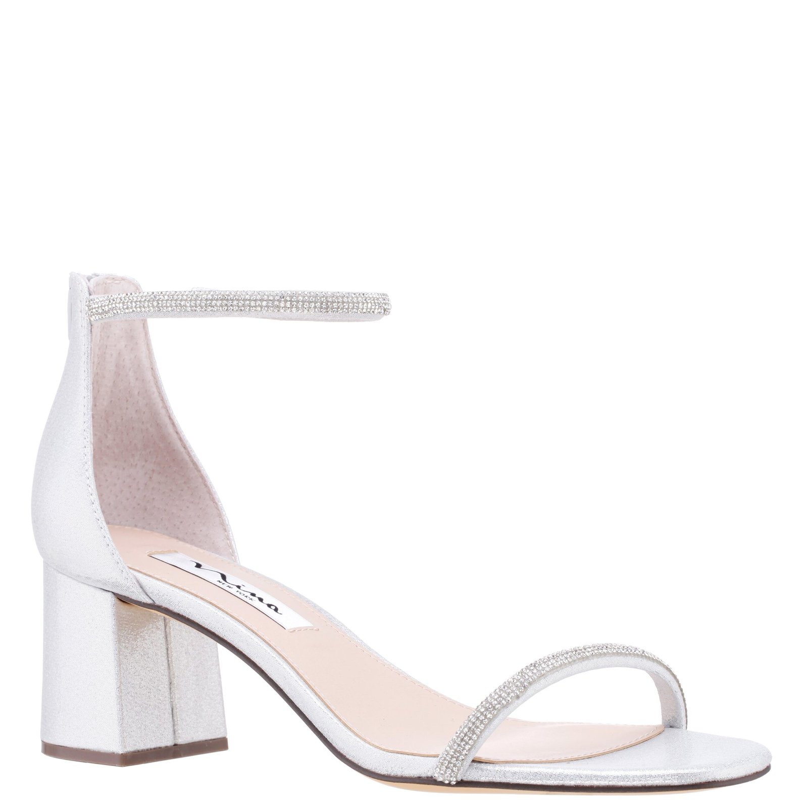 Nina Shoes Barby True Silver Suedette Crystal Block Mid-Heel Dressy Sandal