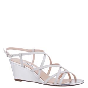 Nina Shoes Bibiana Silver Glitter & Metallic Foil Strappy Mid-Heel Wedge Sandal