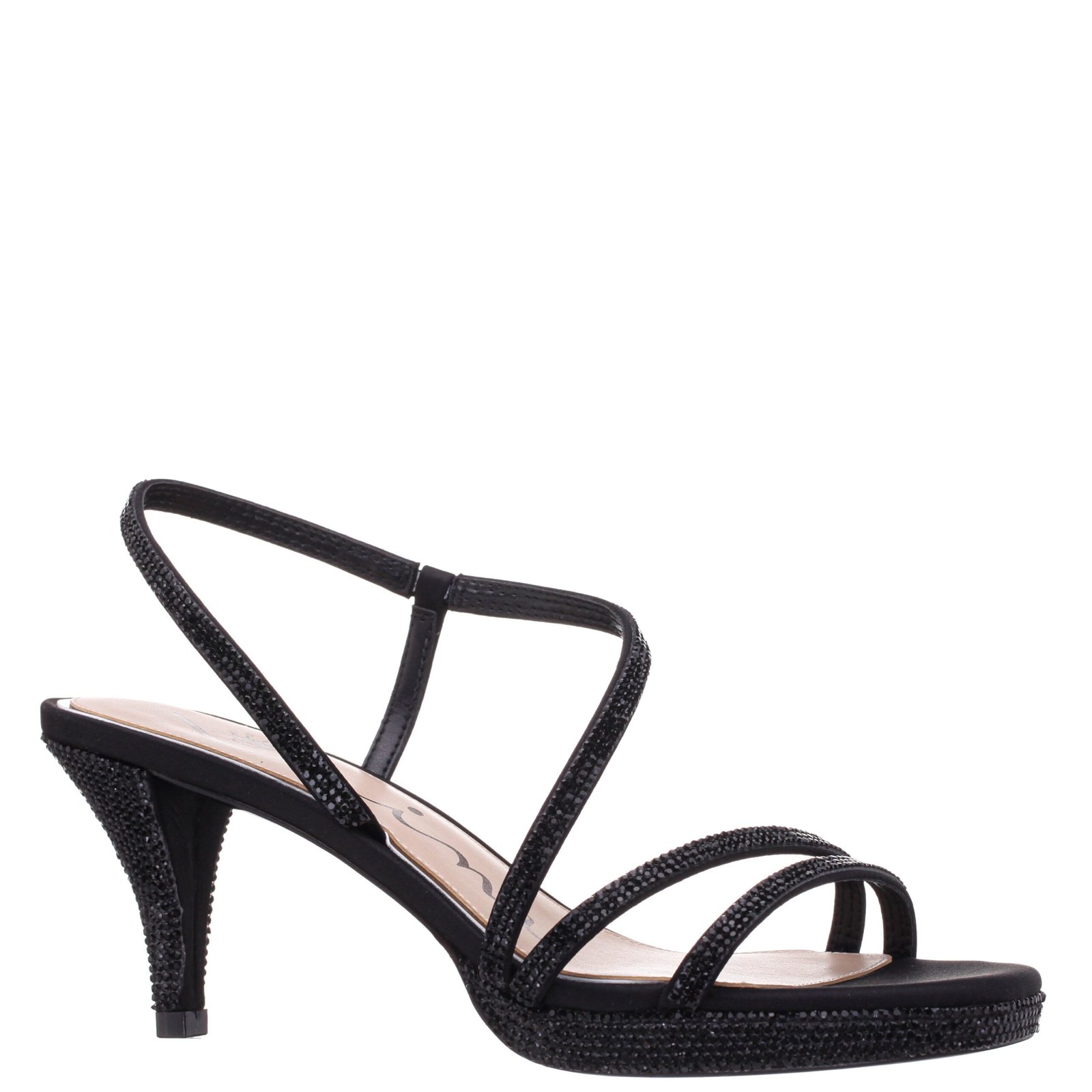 Nina Shoes Bo Black Satin Sling Back Crystal Mid Heel Platform Sandals