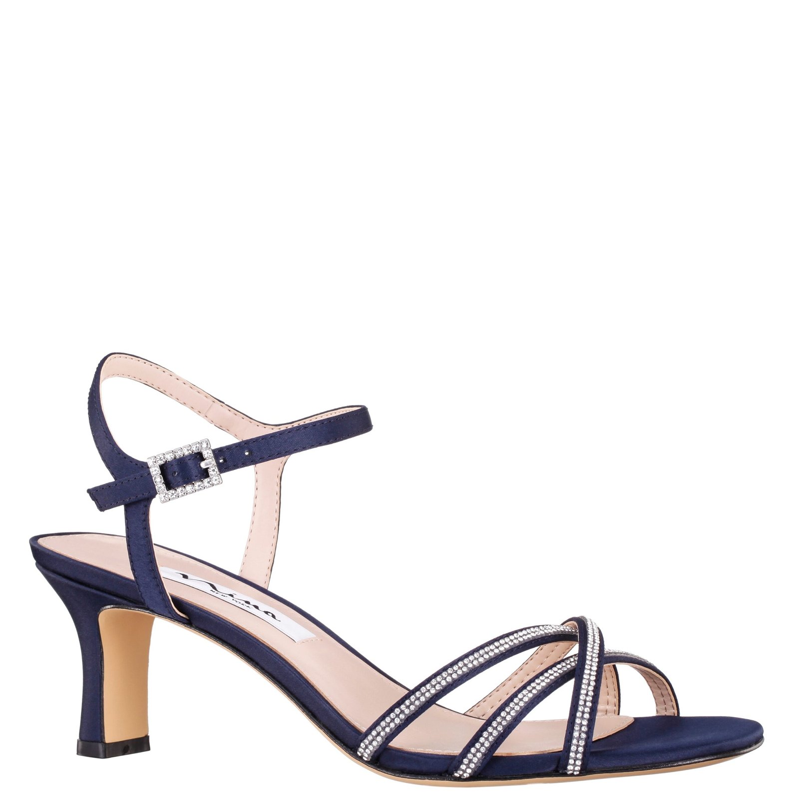 Nina Shoes Bobby New Navy Satin Crystal Strappy Mid-Heel Dress Sandal