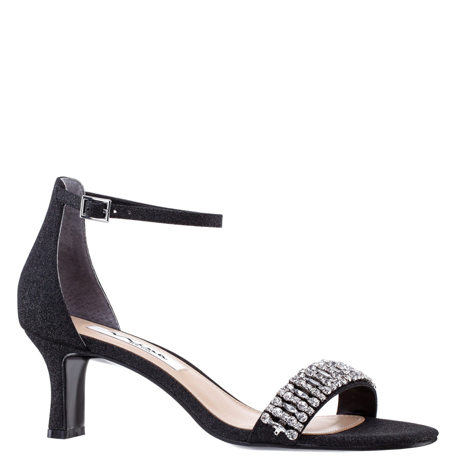 Nina Shoes Britany Black Glitter W/ Crystals Mid-Heel Sandal