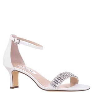 Nina Shoes Britany Ivory Satin W/ Crystals Mid-Heel Sandal
