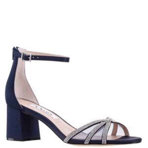 Nina Shoes Brooke New Navy Satin Crystal Block Mid-Heel Sandal