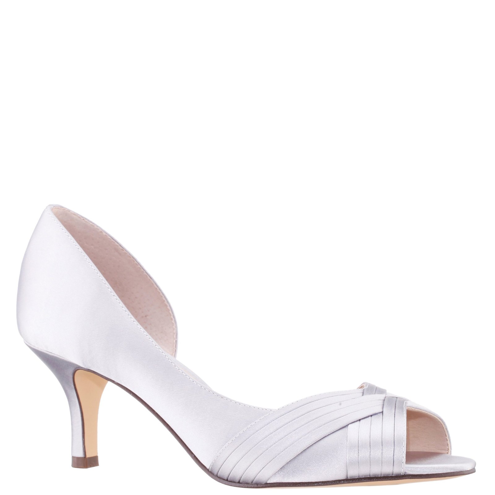 Nina Shoes Contesa New Silver Satin Peep-Toe D'orsay Mid-Heel Dressy Pump