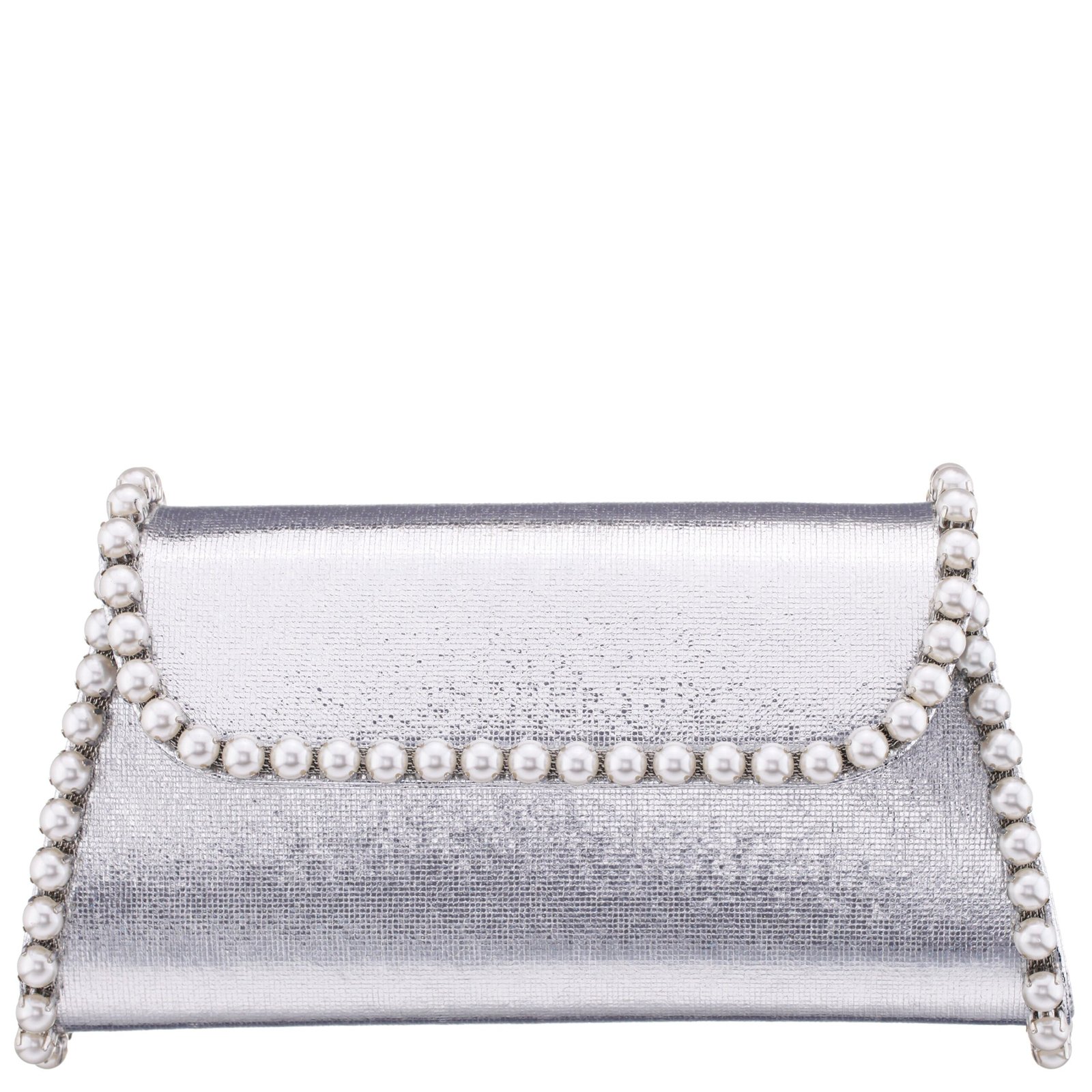 Nina Shoes Cora Silver Pearl Trim Trapezoid Flap Bag