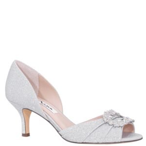Nina Shoes Corrine New Silver Glitter Jeweled Mid-Heel D'orsay Classic Evening Pump