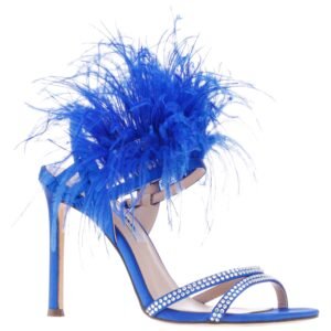 Nina Shoes Dalva Electric Blue Satin Crystal Feather Stiletto Slingback Dress Sandal