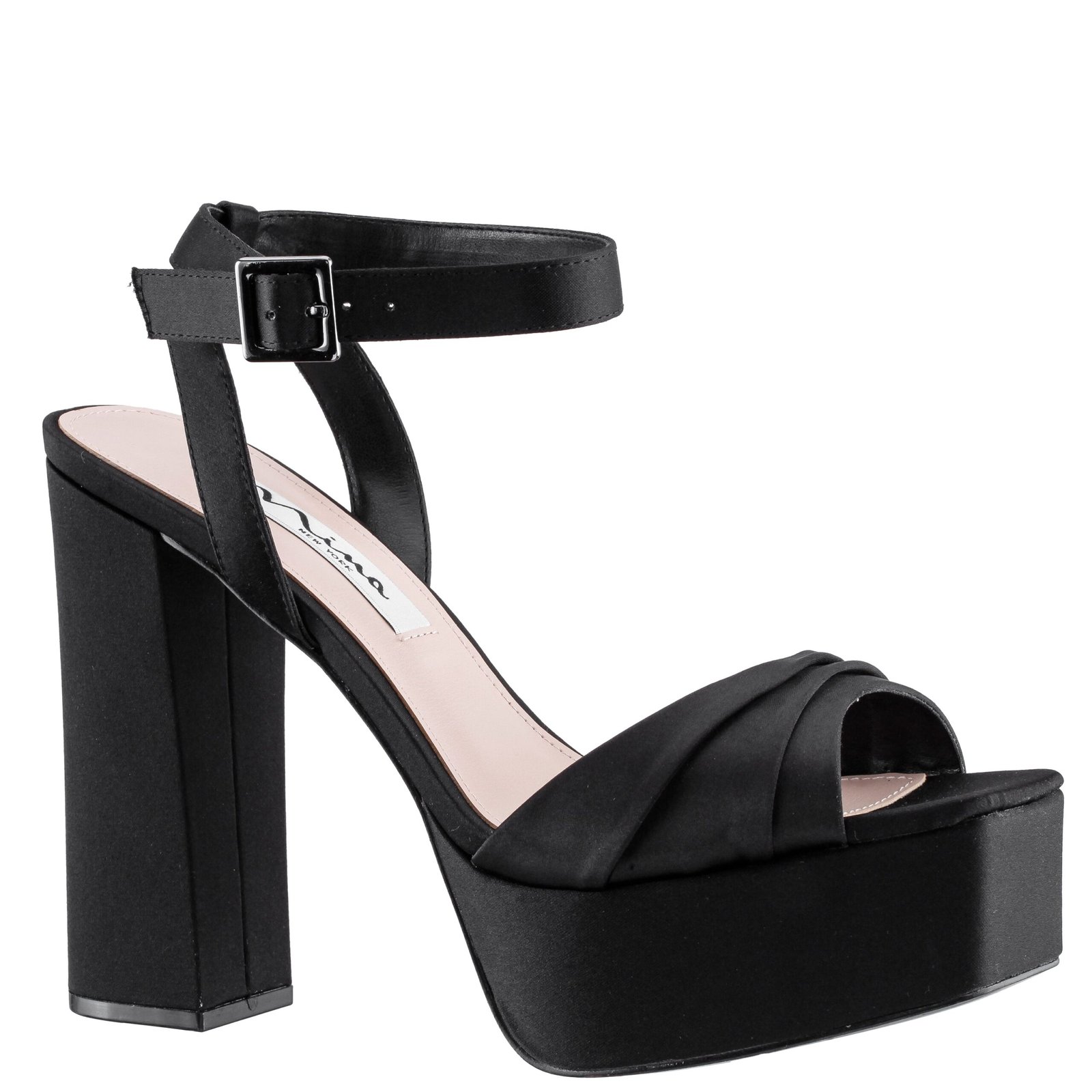 Nina Shoes Dorcas Black Satin Block-Heel Stiletto Platform Dress Sandal