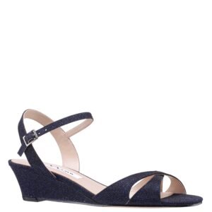 Nina Shoes Flora Navy Textured Metallic Mid-Heel Wedge Sandal
