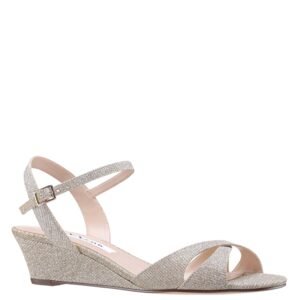 Nina Shoes Flora Platino Textured Metallic Mid-Heel Wedge Sandal