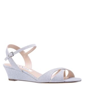 Nina Shoes Flora Silver Textured Metallic Mid-Heel Wedge Sandal