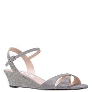 Nina Shoes Flora Steel Textured Metallic Mid-Heel Wedge Sandal