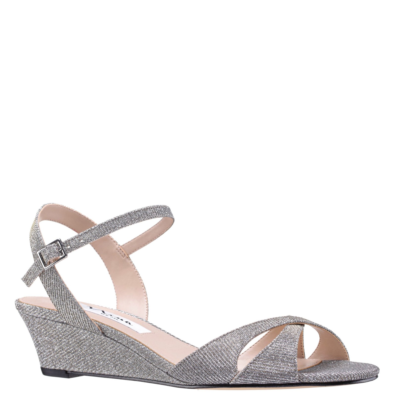 Nina Shoes Flora Steel Textured Metallic Mid-Heel Wedge Sandal