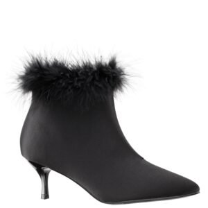 Nina Shoes Florenz Black Satin Feather Mid-Heel Ankle Bootie