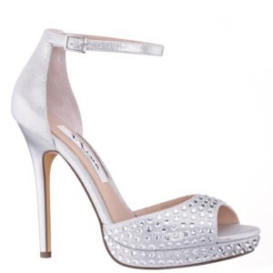 Nina Shoes Women's Francia True Silver Metallic Suedette With Rhinestone Ultra-High Heel Platform Sandal