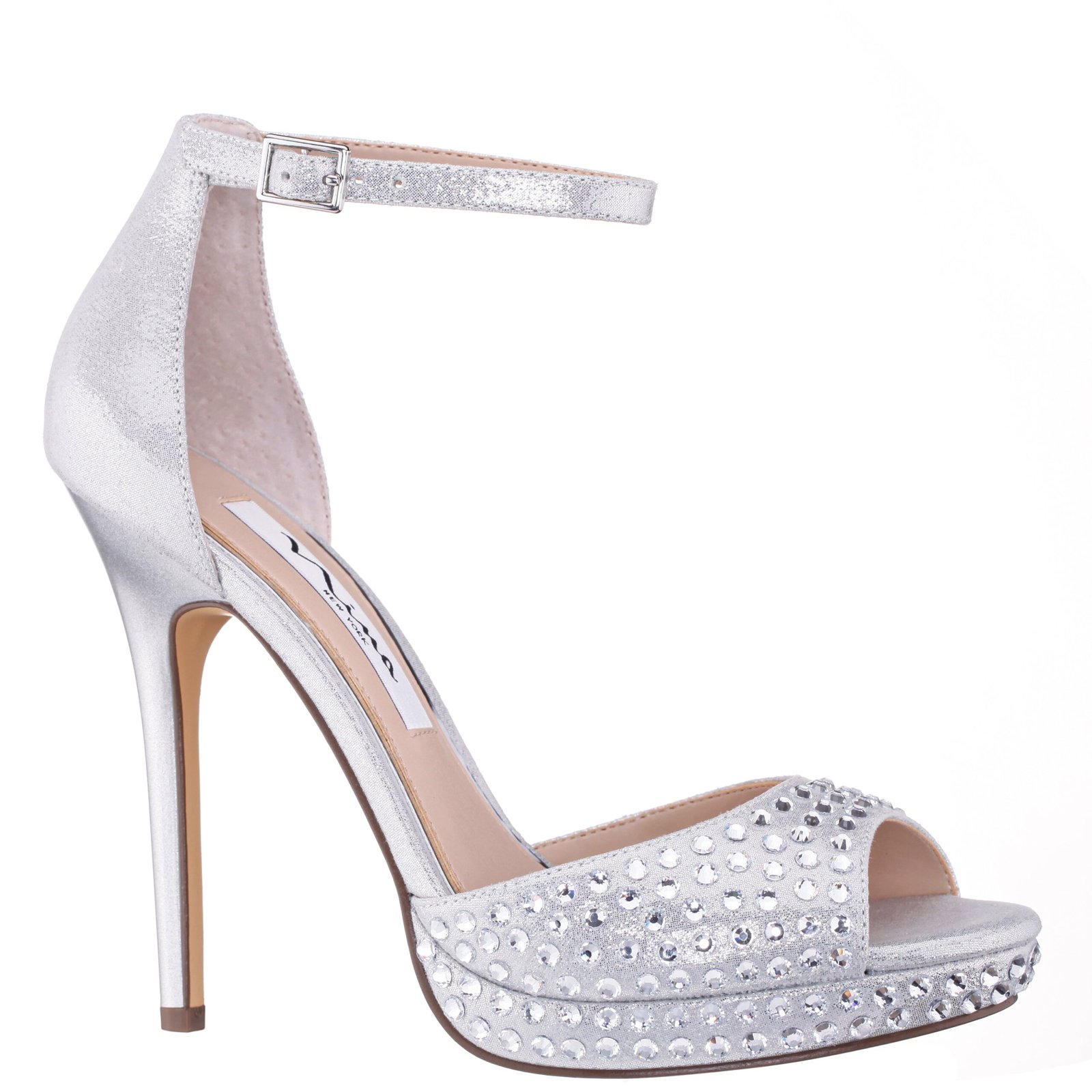 Nina Shoes Women's Francia True Silver Metallic Suedette With Rhinestone Ultra-High Heel Platform Sandal