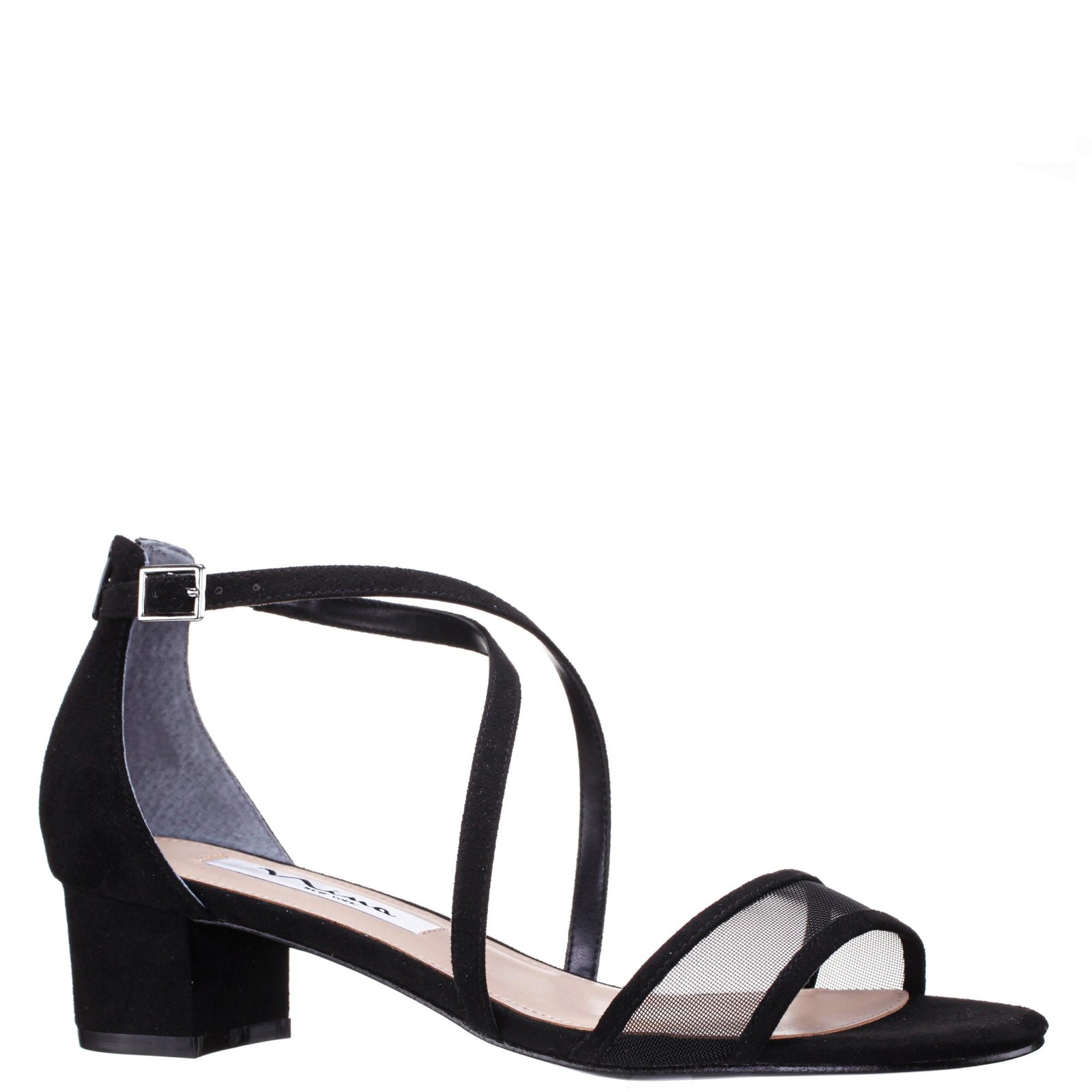 Nina Shoes Ginette Black Satin With Mesh Mid-Block Heel Sandal