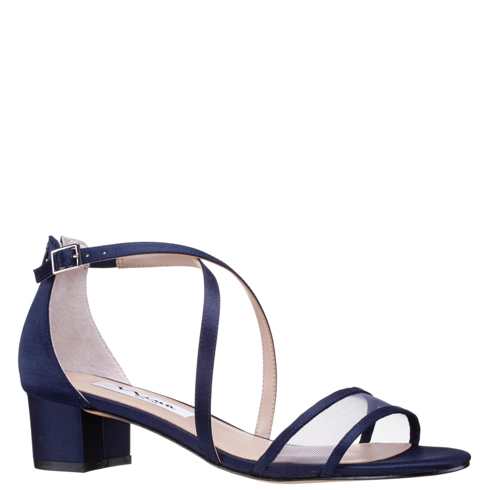 Nina Shoes Ginette New Navy Satin With Mesh Mid-Block Heel Sandal