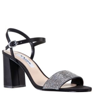 Nina Shoes Haven Black Satin Crystal Ankle Strap Mid Block-Heel Evening Sandal