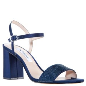 Nina Shoes Haven New Navy Satin Crystal Ankle Strap Mid Block-Heel Evening Sandal