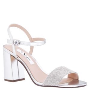 Nina Shoes Haven Silver Crystal Ankle Strap Mid Block-Heel Evening Sandal