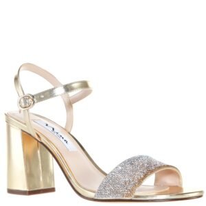 Nina Shoes Haven Platino Metallic Crystal Ankle Strap Mid Block-Heel Evening Sandal
