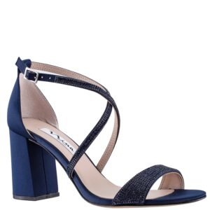 Nina Shoes Henesi New Navy Satin Crystal Block Mid-Heel Dress Sandal