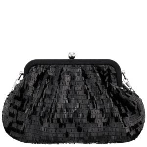 Nina Shoes June Women's Black Fringe Sequin Frame Clutch