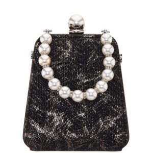 Nina Shoes Karlotta Black Pearl Handle Embossed Woven Metallic Box Bag
