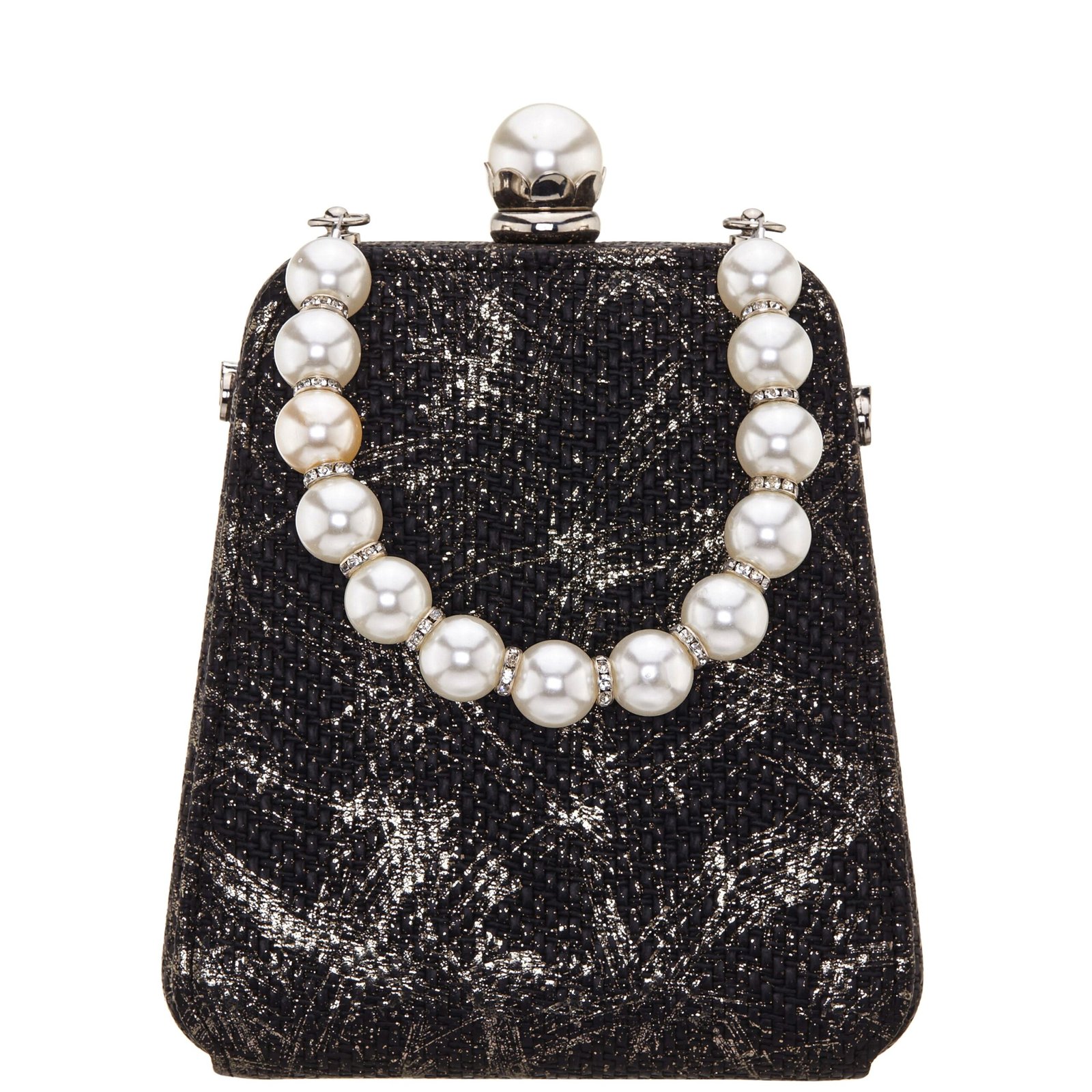 Nina Shoes Karlotta Black Pearl Handle Embossed Woven Metallic Box Bag