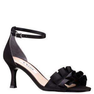 Nina Shoes Lisa Black Satin W/Ruffle Detail Mid Heel Sandal