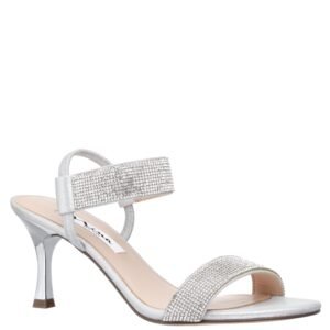 Nina Shoes Luz True Silver Metallic Suedette Crystal Mid-Heel Evening Sandal