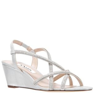 Nina Shoes Nadette True Silver Metallic Suedette Crystal Strappy Low-Wedge Dressy Sandal